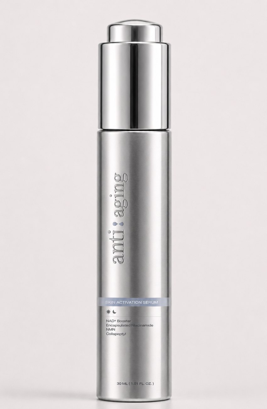 Silver ANTI Skin Activation Serum bottle with blue label