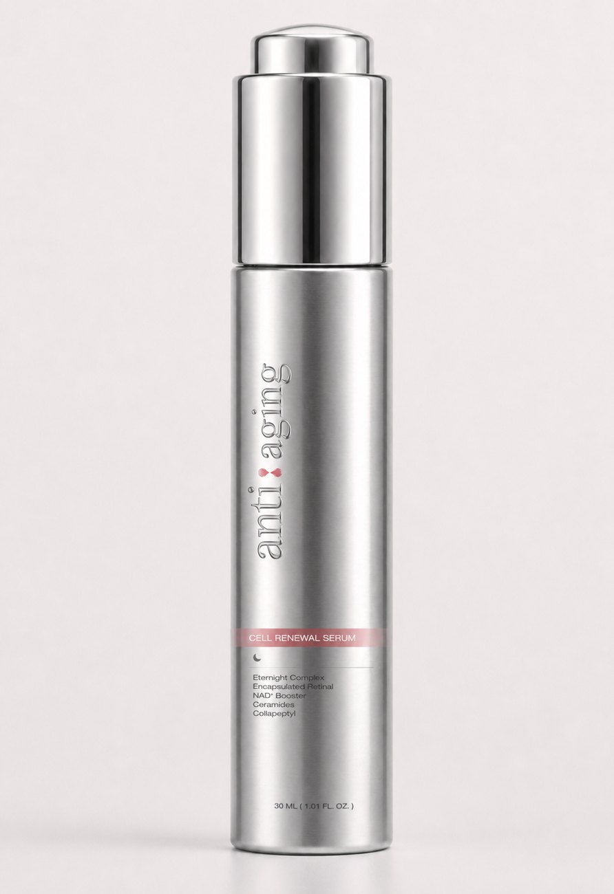 Silver ANTI Cell Renewal Serum bottle with pink label
