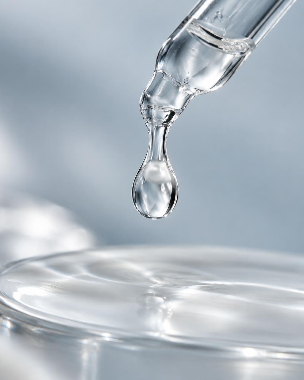 A clear serum droplet from a glass pipette
